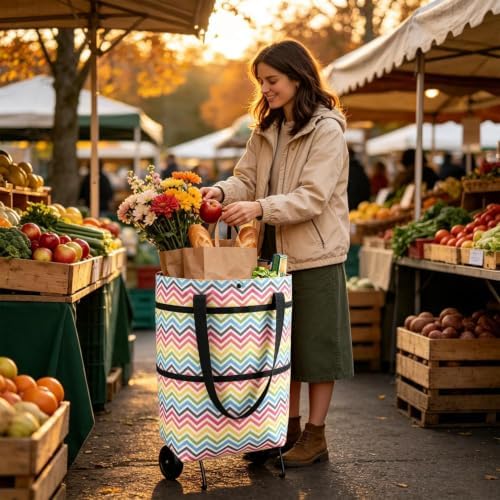 Foldable Shopping Cart Rolling Bag, Heavy Duty Wheeled Cart Bag | Portable Compact Cart for Groceries, Laundry & Camping Gear for Travel & Apartment Storage