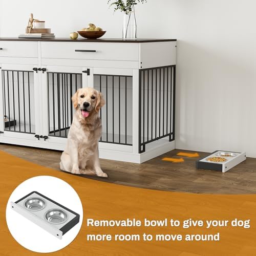OUYESSIR Dog Crate Furniture, 72.05 Inch Large Dog Kennel with Dog Bowls & 2 Drawers, Wooden Double Dog House with Doors & Divider, Indoor Heavy Duty Dog Cage for Medium Large Dogs, White