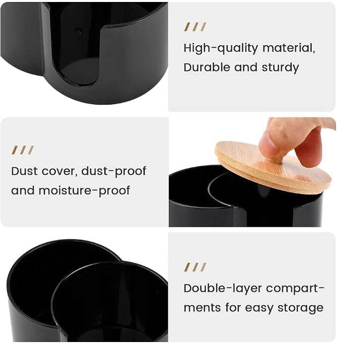 Qtip Holder Dispenser, Dual Compartment Cotton Swab Organizer | Black Dual Compartment Organizer With Dustproof Lid For Cotton Swabs And Pads, Helping Keep Bathroom Countertops Neat.