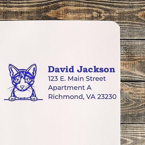Peeking Aegean Cat Self-Inking Address Stamp - Clear Impressions | Address Stamp for Aegean Cat Moms. Choice of 11 ink colors. Customised Address Stamp for Veterinary Offices. 4 lines.