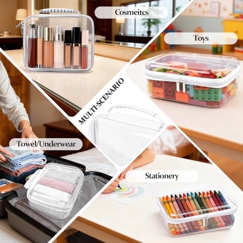 3 PCS Clear Zipper Pouches with Handle, Diaper Bag Organizer, Clear Makeup Bags Hardshell Toy Storage Bins with Zipper Toiletry Pouch Bag for Cosmetics Pencils Puzzles, Building Blocks(White)