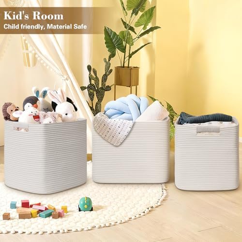 15×13 Inch Storage Cubes, 3 Pack Cube Storage Bins for Organizing, Cotton Rope Woven Baskets for Shelves, Bathroom, Kids Room, Closets, Baby Nursery