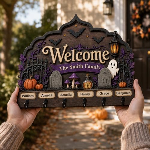 Personalized Halloween Key Holder, Custom Wooden Family Name Décor | Decorative Halloween Sign with Hooks, Family Name Sign, Spooky Wall Holder, Pumpkin Front Door Accent, House Key Hanger