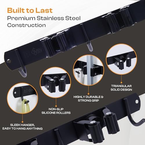 Stainless Steel Broom Holder Wall Mount, 3 Racks & 4 Hooks | Waterproof organizer for mops, brooms, tools and garden equipment, adjustable wall storage, black
