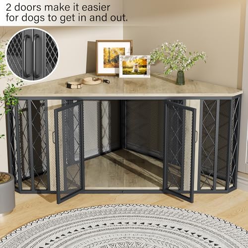 kepptory 67" Corner Wooden Dog Crate Furniture with Diamond Metal Decoration, Pet Kennel for Small, Medium and Large Dogs, Space-Saving Dog Cage for TV Stand(Grey)