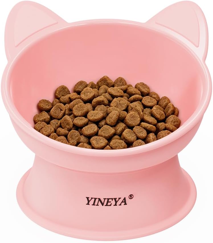 YINEYA Cat Bowls, Cat Food Bowl Elevated to Protect Neck & Anti-Vomit, Whisker-Friendly Raised Food & Water Bowls for Indoor Cats/Small Dogs, Cute Pet Feeding Bowl 6 OZ Each, Dishwasher Safe, Pink
