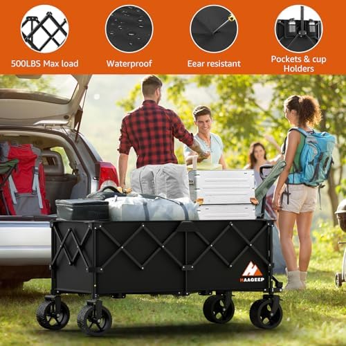 Collapsible Wagon Cart with Wheels Foldable - Folding Utility Heavy Duty Wagons Carts for Grocery Sports Garden Shopping Camping Wheelbarrows (Black,300L)