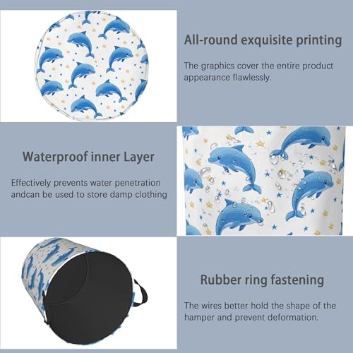 Cute Dolphins Laundry Basket,Stars Foldable Oxford Cloth Tote Bag Laundry Hamper Clothes Storage Bucket Organizer for Bedroom Laundry Storage Dormitories 16" x 20.8"