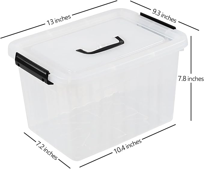 12 L Plastic Storage Bin with Lid, Clear Latch Storage Box, 4 Pack | Top Handle Design, Organize Daily Items