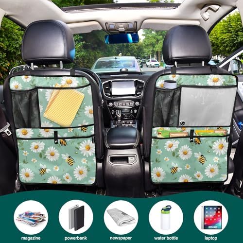 1 Pack Back Seat Car Organizer with Storage Pockets Kick Mats Back Seat Protector Hanging Car Organizer Automotive Seat Back Cover Organizers Mint Green Daisy Flowers and Bees