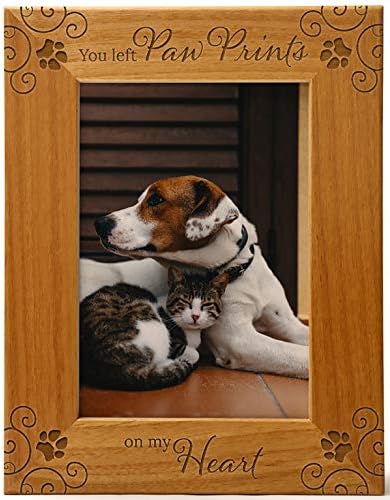 CEDAR CRATE MARKET You Left Paw Prints On My Heart, Pet Memorial Picture Frame Engraved Natural Wood Fits a 5x7 Vertical Portrait, Frame for Condolence for Animal Lovers to Keep Memories Alive