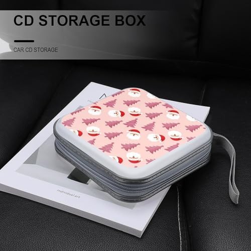 Portable Protective CD Holder Cute Santa Claus Pink Tree Snowflake Christmas, 40-Disc Hard Case with Zipper, Storage Binder for Music Movies Game Collections
