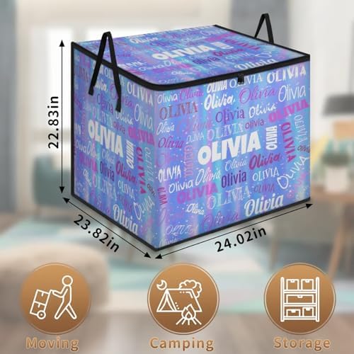 Personalized Name Large Storage Basket with Lid, Canvas Storage Bins Quilt Clothes Organizer for Bedroom, Kitchen, Bathroom, Nursery, Shelves, Closets, Gradient Blue Stripes with Stars
