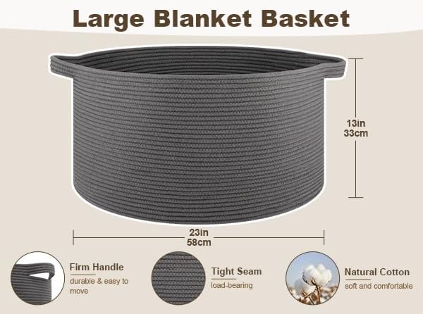 OIAHOMY 105L Extra Large Blanket Basket - Decorative Cotton Rope Storage Basket for Bedroom, Living Room & Nursery - Woven Laundry Hamper for Organizing Blankets, Clothes & Toys - Grey
