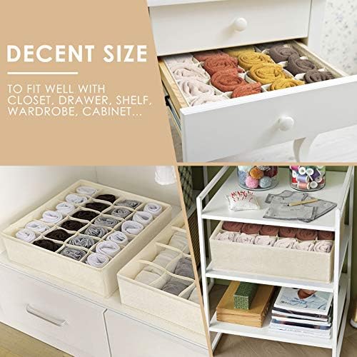 Criusia 3 Pack Sock Underwear Drawer Organizer Dividers, 64 Cell Fabric Foldable Cabinet Dresser Closet Organizers and Storage Boxes for Organizing Socks, Underwear, Ties (16+24+24 Cell, Beige)