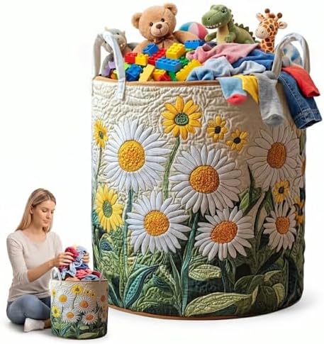 Quilted Laundry Basket with Handles, Boho Fabric Storage Basket, Multi-functional Clothes Storage Holder, Lightweight Foldable Design Organizer(16" x 22")
