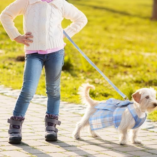 Potchen 4 Pcs Plaid Dog Dresses with Bow Harness and Leashes,M,Light Color