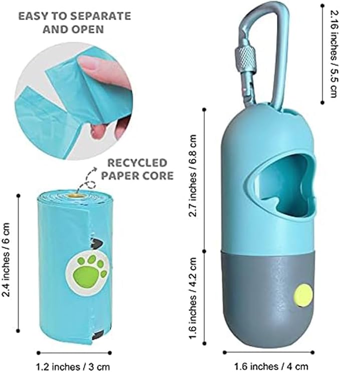 Dog Poop Bag Dispenser with Built-in LED Flashlight and Metal Clip for Leash, Pet Waste Bag Holder, Dog Walking Accessory (Blue)