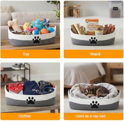 Woven Dog Toy Basket Large 100% Cotton Rope Basket for Dog Cats Toys Dog Toys Box for Living Room Area-Trapezoid Dog Toys Bin-Nursery Gift for Pet Toys,Collar,Leash,Blanket,Clothes-Grey