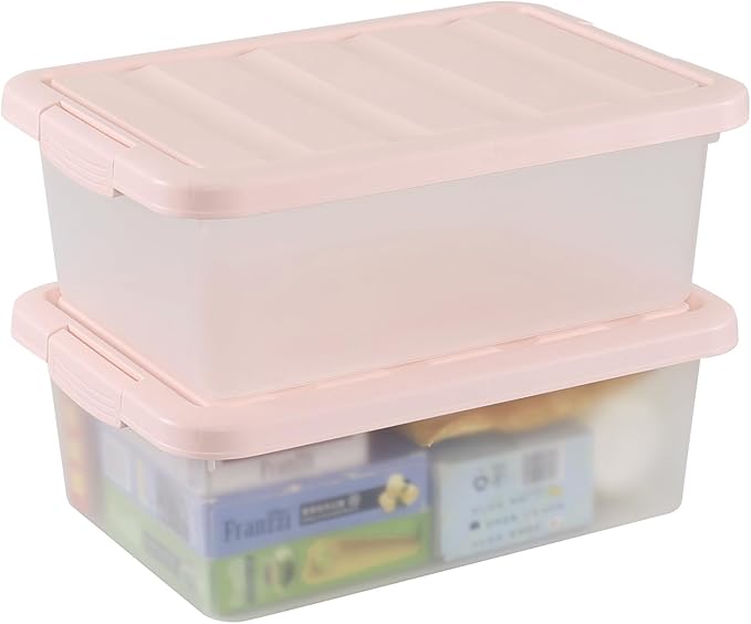 Wekioger Set of 2 Versatile Organizer Container Bin with Pink Lid, 14 Quart