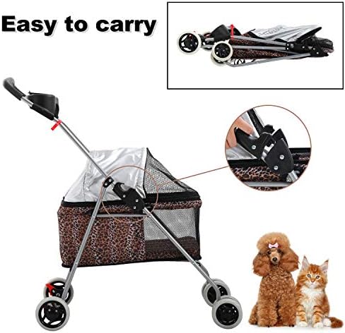 Meet Perfect Pet Stroller for Small/Medium Dogs & Cats, Leopard, Foldable | Waterproof fabric helps protect pets during outdoor travel; Mesh panels provide ventilation and visibility.