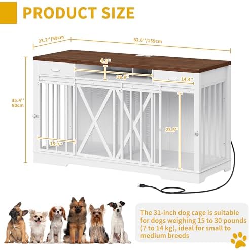 DWVO 63" Double Dog Crate Furniture for 2 Dogs with Charging Station