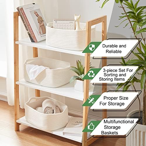 OIAHOMY 3 Pack Storage Baskets for Shelves Cotton Rope Storage Bins White | Woven Baskets for Storage Nursery Storage Basket with Handles Baskets for Organizing Small Baskets Gift Baskets Empty
