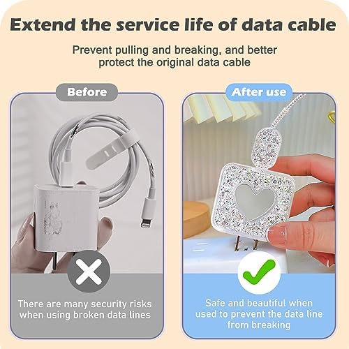 Glitter DIY Cable Protector Compatible for Apple iPhone Power Adapter with Mirror,Cute Bling Love Heart Design,Data Line USB Case Wire Cable Saver Phone Charger Protector for iPhone (Silver)