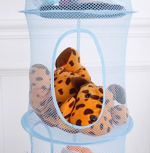 4 Tier Storage Organizer,43.5 x12 Inch Hanging Mesh Storage Basket with 2 Inch Screw-in Hooks,Folding Basket for Toys or Store Gloves,Shawls, Hats and Mittens, Attaches Easily to Any Rod (Blue)