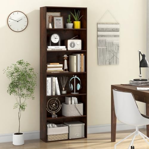 Giantex 6-Tier Bookcase, 70" Tall Wooden Bookshelf, Freestanding Storage Organizer w/Open Shelves, Anti-Tipping Kits, Modern Floor Standing Display Shelves for Living Room, Bedroom (1,Rustic Brown)