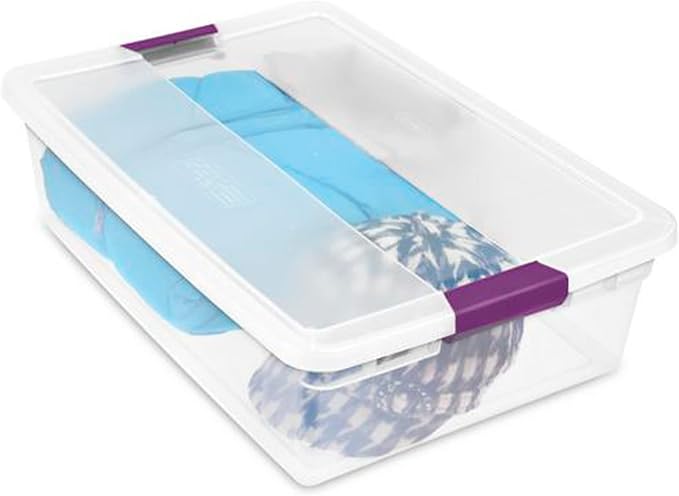Sterilite 32 Quart ClearView Latch Box, Plastic Storage w/Clear Lid, 6 Pack | Clear Plastic Organizers with Color Accent Latches for Closet, Bedroom, Shelving Units, Dorm Room and Home Organization