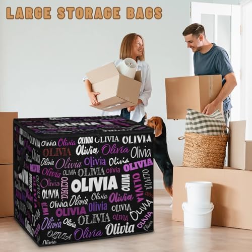 Custom Name Storage Bin with Lid, Personalized XL Storage Basket with Handles Zippers for Organizing Comforters, Blankets, Bedding Closet Shelf Baskets, Solid Black Background