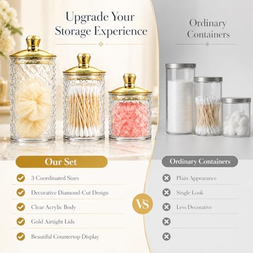 3-Pack Clear Acrylic Diamond-Cut Storage Jars with Gold Lids – Airtight Containers for Kitchen, Bathroom & Home Organization – Versatile Jars for Cotton Pads, Bath Salts & Snacks