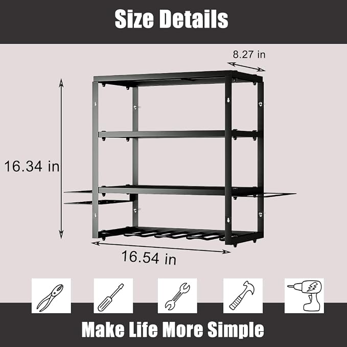 AZERPIAN Power Tool Organizer Heavy Duty Wall Mount Drill Tools Holder | Garage Wall Mount Tool Rack, Workshop Metal Cordless Tool Shelf, 3 Layers Utility Storage Racks for 4 Drill Holders