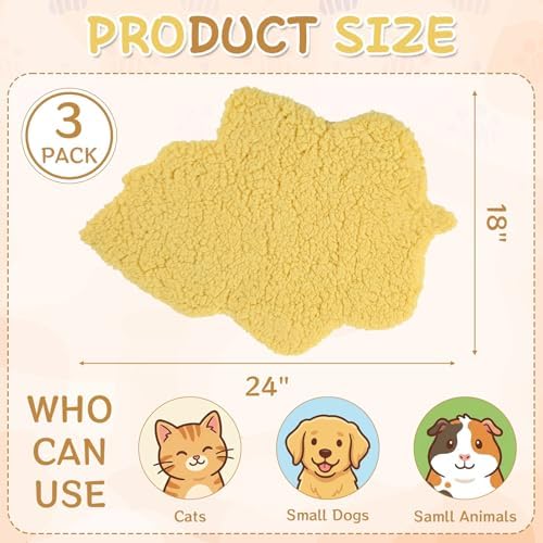 3 Pack Self Warming Pet Bed Leaf Shape Self Heating Cat Dog Mat Washable Thermal Sleeping Pad for Indoor Outdoor Hedgehog, Bunny, Sugar Glider, Rat, Chinchilla(Light Yellow,Medium-18 x24)