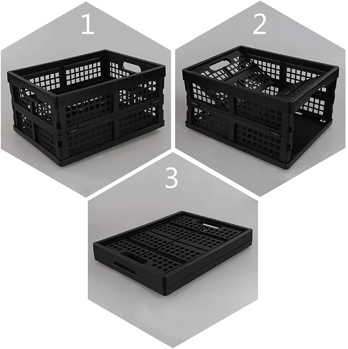 Morcte 3-Pack 15 L Plastic Collapsible Storage Crates, Black | Folding Plastic Crates, Foldable & Stackable, Sturdy & Lightweight, for Home, Office