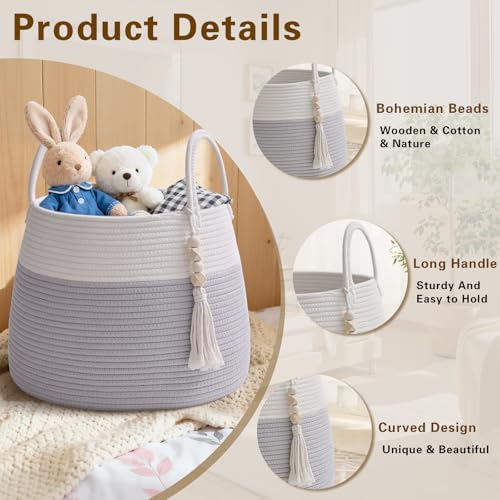 Large Nursery Hamper, 30L Blanket Basket with Handle, Baby Laundry Basket for Gift, Toy, Clothes, Woven Storage Basket with Wooden Bead Decor, Baby Hamper for Nursery (Black&Brown)