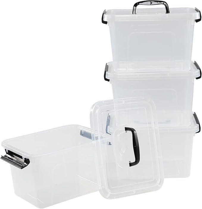 4-Pack Clear Storage Boxes, 5 L Plastic Storage Latch Box