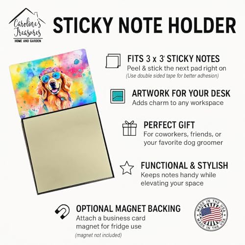 Caroline's Treasures Golden Retriever Hippie Dawg Sticky Note Holder Refillable Dispenser Self-Sticky Note Pads, Memo Pads Blank Desk Accessories