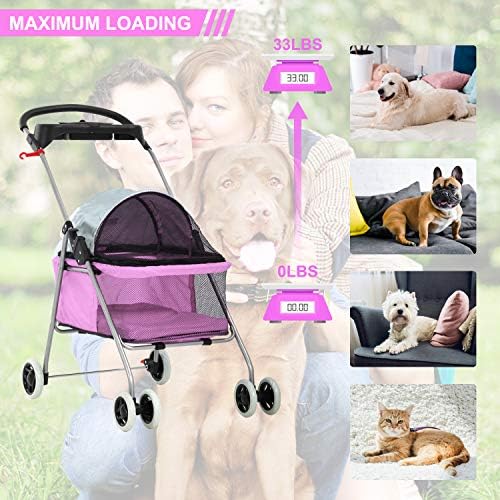 Meet Perfect Pet Stroller for Small/Medium Dogs & Cats, Pink, Foldable | Waterproof fabric helps protect pets during outdoor travel; Mesh panels provide ventilation and visibility.