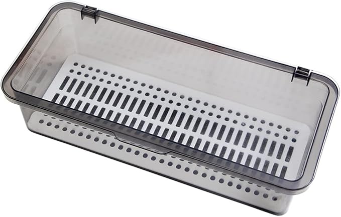 Flatware Tray Kitchen Drawer Organizer With Lid And Drainer - Plastic Kitchen Cutlery Tray and Utensil Storage Container with Cover - Dinnerware Holder for Spoons Forks Knives 10.0x4.3x2.8