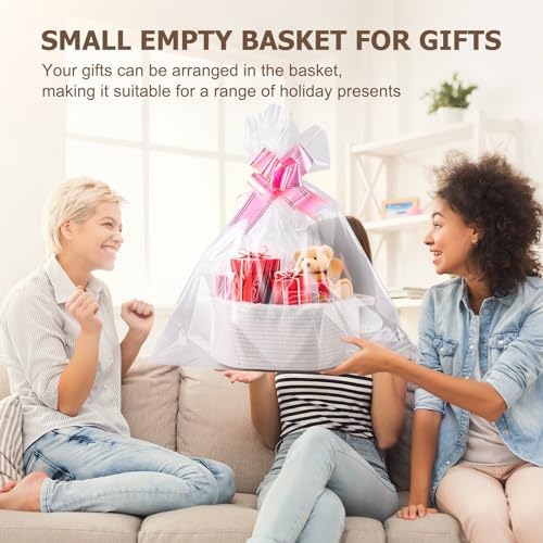 Small Woven Basket, 12" x 8" x 5", Gift Basket Empty with Ribbon and Gift Bag, Rope Basket for Baby Shower, Holiday Presents, Storage Basket with Handles for Nursery, Pet Toy Basket,White