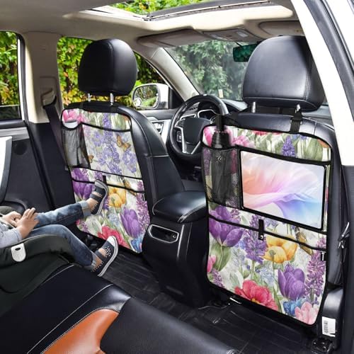 2 Pack Back Seat Car Organizer with Storage Pockets Kick Mats Back Seat Protector Hanging Car Organizer Automotive Seat Back Cover Organizers Tulips Lavenders Purple Butterfly
