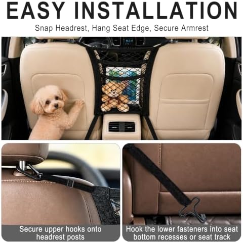 3-Layer Car Mesh Organizer, Dog Barrier Between Front Seats, Elastic Seat Back Net Bag for Kids, Pets, Tissue, Purse, Storage Pouch, Stretchable for SUV Van Truck