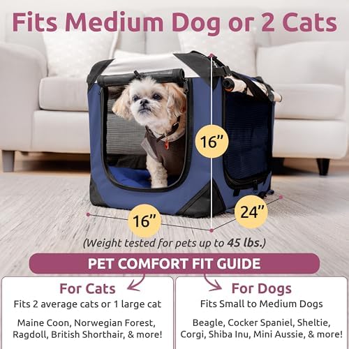 Dog & Cat Carrier, Large, Navy | Soft-sided, Fits Large Cat, 2 Cats, or Medium Dog Comfortably, Great for Travel & Vet Visits, Privacy Windows, Removable Bed