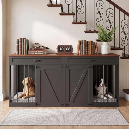 70.8" Large Dog Crate Furniture for 2 Dogs, Dog Crate with 2 Drawer, Farmhouse Dog Crate with Removable Divider Dog Kennel Furniture, Heavy Duty Dog Cage and TV Stand for Large Medium Dogs