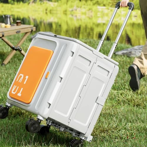 Rolling Crate with Lid Portable Foldable Rolling Crate Heavy-Duty Trolley with Lid for Camp, Journeyers, Camping, Outdoor Travel, Picnics, Orange White