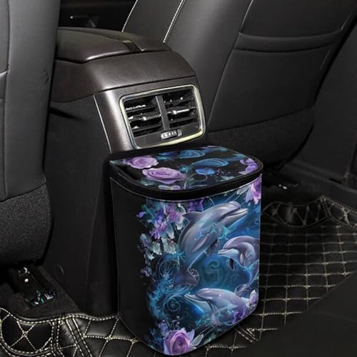 DISNIMO Blossom Dolphin Car Trash Can with Lid Collapsible Reusable Car Garage Bag Trash Bin, Automotive Garbage Can,Car Accessories Interior Car Organizer, Black