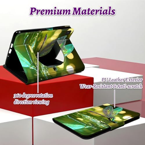 Rotating Handle Case for Samsung Galaxy Tab A7 Lite 2021 8.7", 360 Degree Swivel Kickstand with Magnetic Closure Shockproof Leather Protective Cover for Women Men, Green Dragonfly