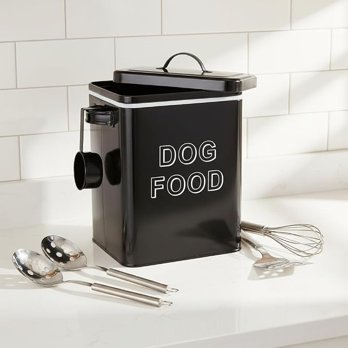Morezi Metal Dog Food Storage Container Airtight Pet Food Treat Bin 6 lbs | Vintage Durable Canister Dog Treats Tin with Lid& Scoop for Kitchen Countertop, Shelf, Great Gift for Pet Owners(Black)